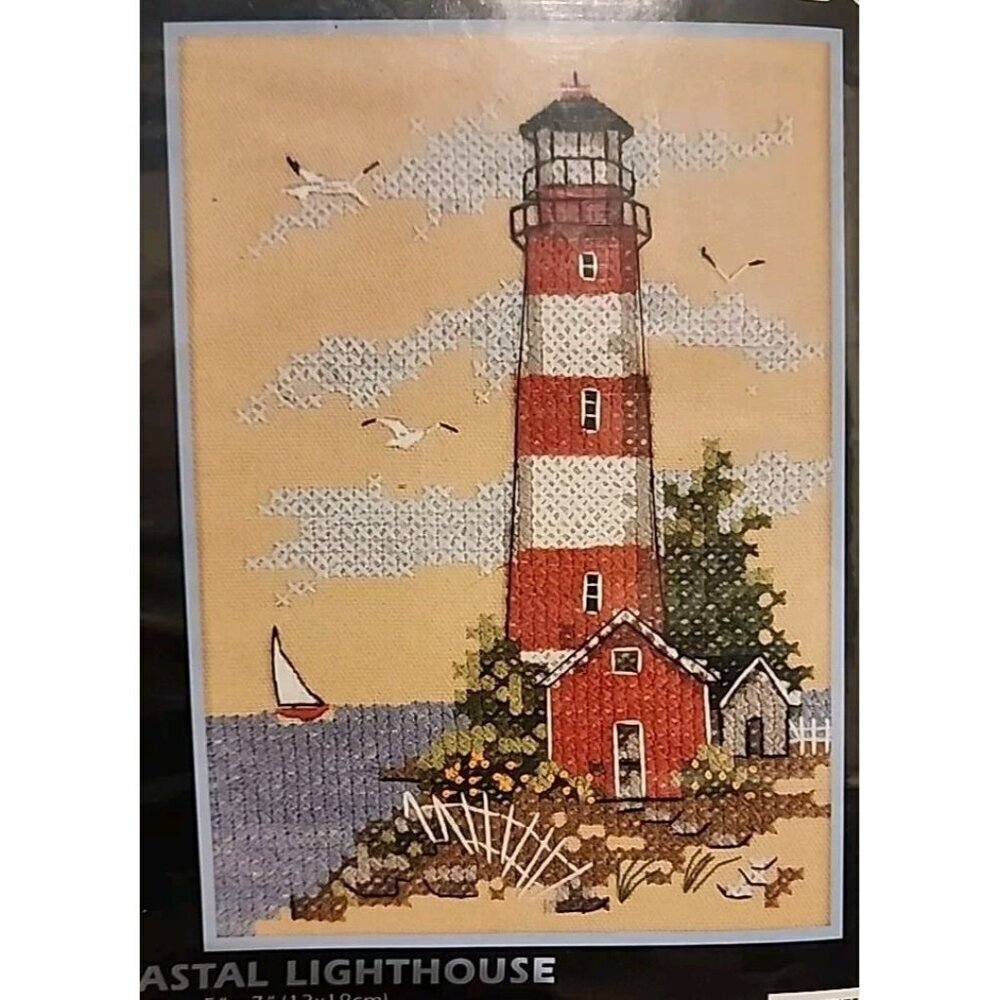 Coastal Lighthouse Stamped Cross Stitch Kit Dimensions NIP 5x7 Sailboat Sea Gull - Picture 3 of 4